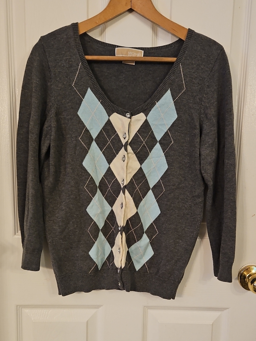 Michael Kors Gray Argyle V-Neck Button Cardigan with Light Blue and Cream